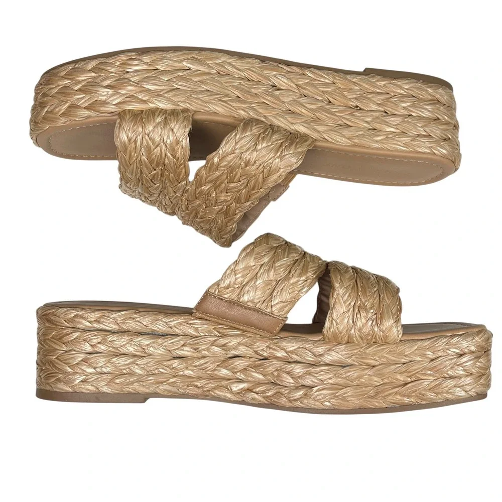 Sun‎ Stone Women's Platform Wedge Sandals Raffia Double Strap Slides Size 10